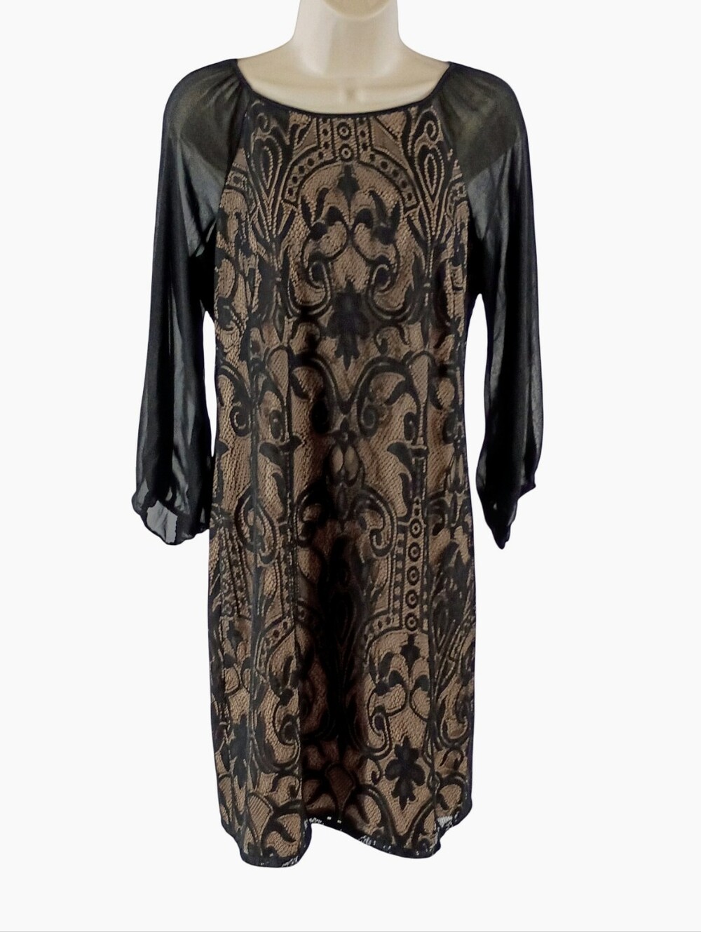 Adrianna Papell Black Lace Overlay  Sheer-Sleeve Women's Dress